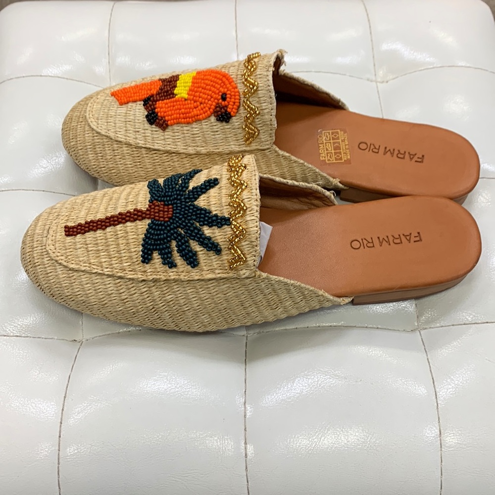 Farm Rio Macaw Palm Tree Beaded Raffia Mules - Picture 3 of 7
